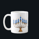 Menorah with Burning Candles Happy Hanukkah  Coffee Mug<br><div class="desc">Watercolor menorah with blue burning candles.  Happy Hanukkah greeting can be changed.   AI assisted graphic purchased with commercial use.  Artwork:  CosmicMeta</div>