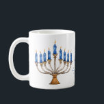 Menorah with Burning Candles Happy Hanukkah  Coffee Mug<br><div class="desc">Watercolor menorah with blue burning candles.  Happy Hanukkah greeting can be changed.   AI assisted graphic purchased with commercial use.  Artwork:  CosmicMeta</div>