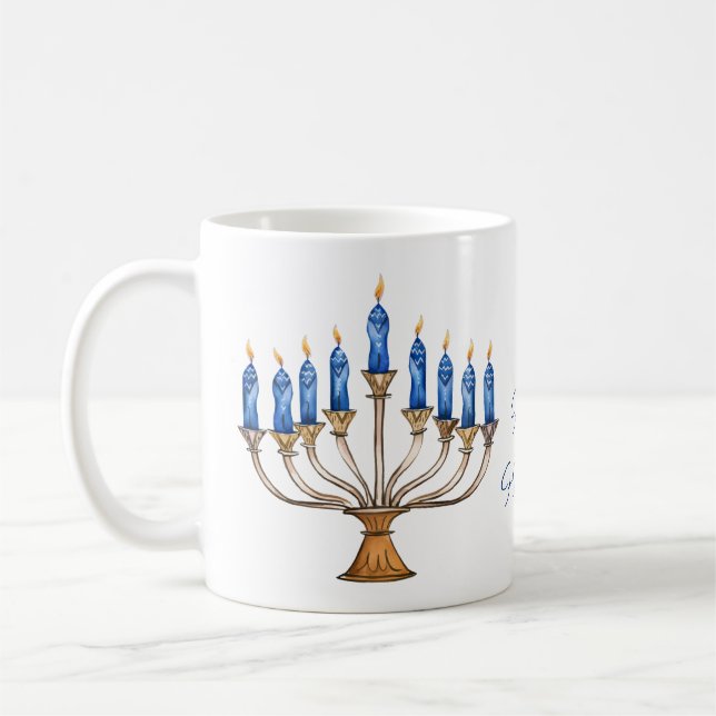 Menorah with Burning Candles Happy Hanukkah  Coffee Mug (Left)