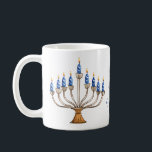 Menorah with Burning Candles Happy Hanukkah  Coffee Mug<br><div class="desc">Watercolor menorah with blue burning candles.  Happy Hanukkah greeting can be changed.   AI assisted graphic purchased with commercial use.  Artwork:  CosmicMeta</div>