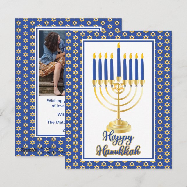 Menorah with Lights Happy Hanukkah Family Photo Holiday Card (Front/Back)