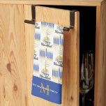 Menorah with Lights Happy Hanukkah Monogram Tea Towel<br><div class="desc">Great for celebrating Hanukkah season,  this design features our original menorah vector graphic with script text calligraphy,  "Happy Hanukkah" greeting.  Composite design by Holiday Hearts Designs (rights reserved).</div>
