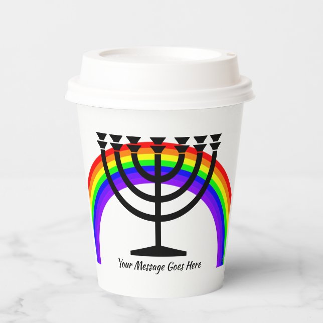 Menorah with Rainbow and Text Paper Cups HAMbyWG (Front)