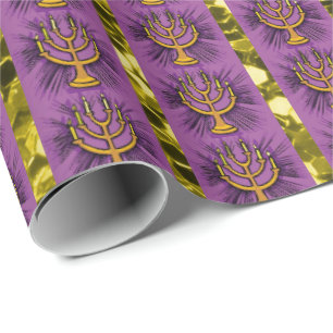 Menorahs Purple & Gold Faux Glitter Wrapping Paper