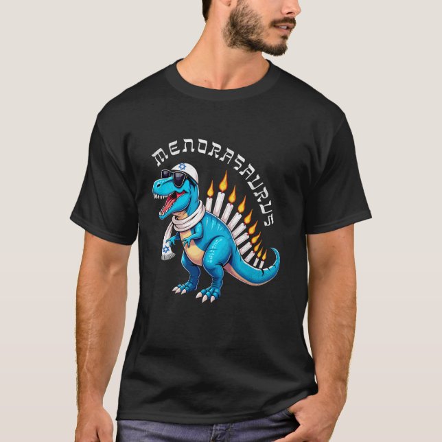 Menorasaurus Dinosaur Menorah Hanukkah Jewish Kids T-Shirt (Front)