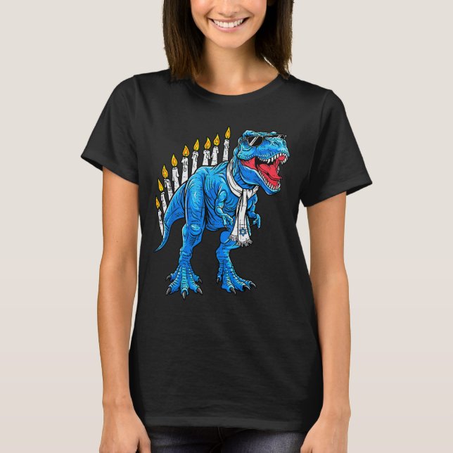 Menorasaurus Hanukkah T Rex Dinosaur Dino Chanukah T-Shirt (Front)
