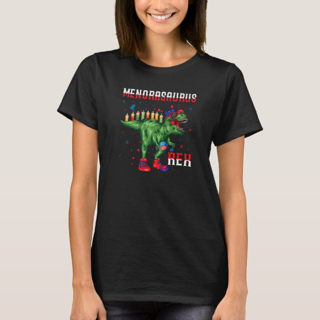 Menorasaurus Rex  Dinosaur Rex Hanukkah Menora Pun T-Shirt (Front)