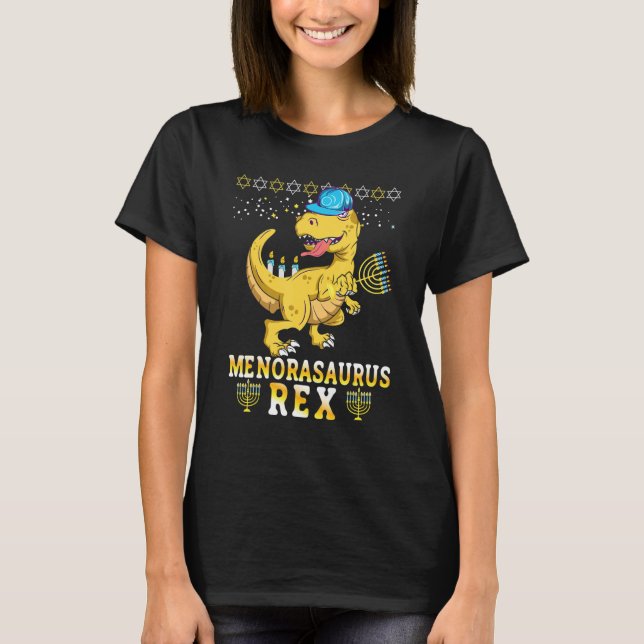Menorasaurus Rex  Dinosaur Rex Hanukkah Menora Pun T-Shirt (Front)