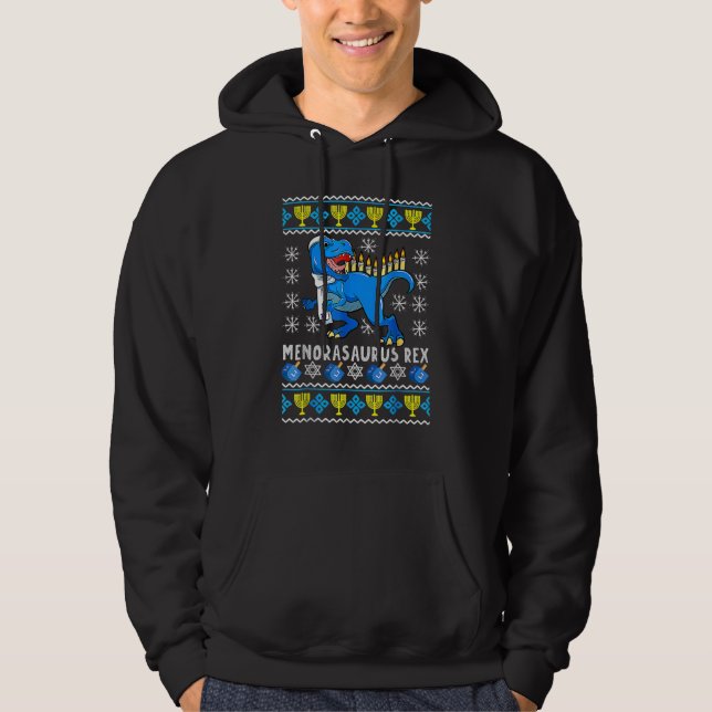 Menorasaurus Rex Trex Menorah Ugly Hanukkah Chanuk Hoodie (Front)