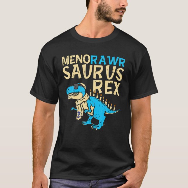 Menorawr Saurus Rex Jewish Dinosaur Hanukkah Kids T-Shirt (Front)