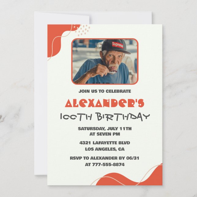 Mens 100th birthday invitations Modern Photo Red (Front)