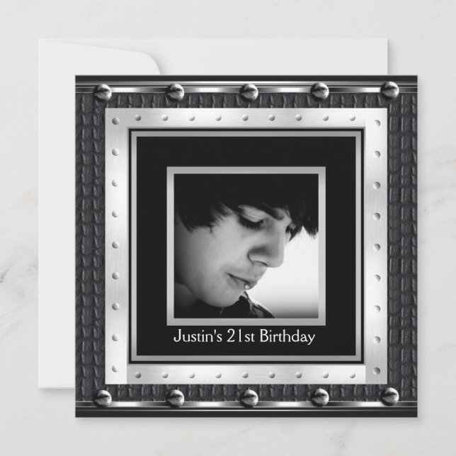Mens 21st Birthday Party Black Metal Leather Invitation (Front)