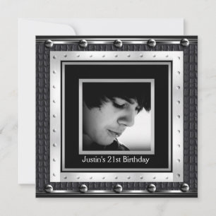 Mens 21st Birthday Party Black Metal Leather Invitation