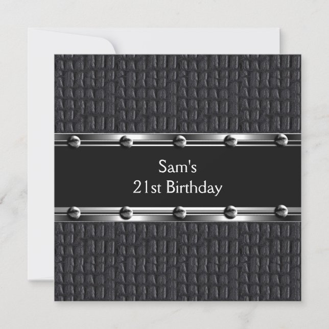 Mens 21st Birthday Party Leather Black Mans Invitation (Front)