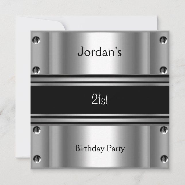 Mens 21st Birthday Party Metal Black Silver Invitation (Front)