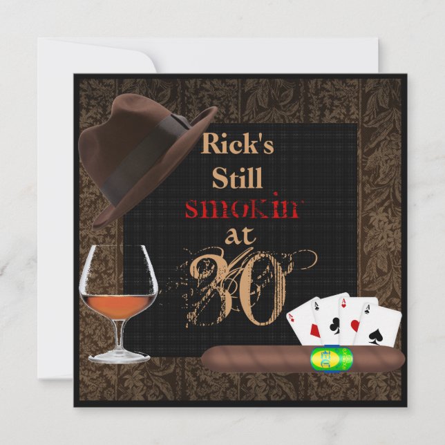MENS 30th Birthday Cigars,Poker BRANDY INVITATIONS (Front)