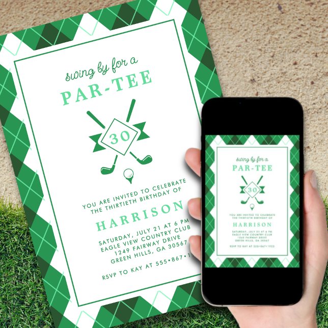 Mens 30th Birthday Golf Theme Preppy Green Invitation (Creator Uploaded)