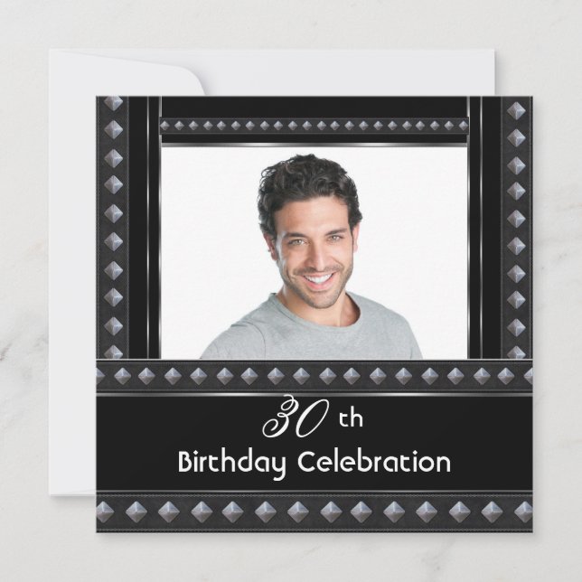 Mens 30th Birthday Party Black White Silver Invitation (Front)
