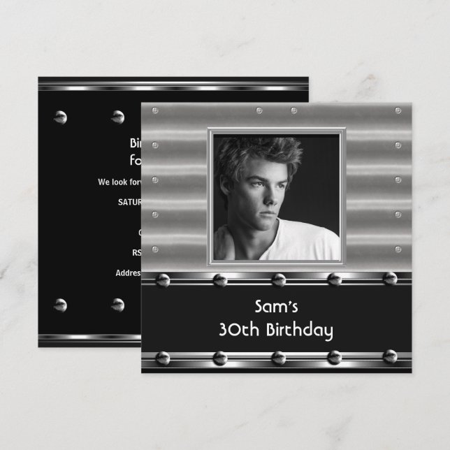Mens 30th Birthday Party Metal Black Mans Invitation (Front/Back)