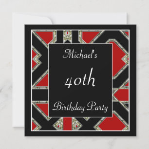Men's 40th birthday Party Black Red Art Deco Invitation