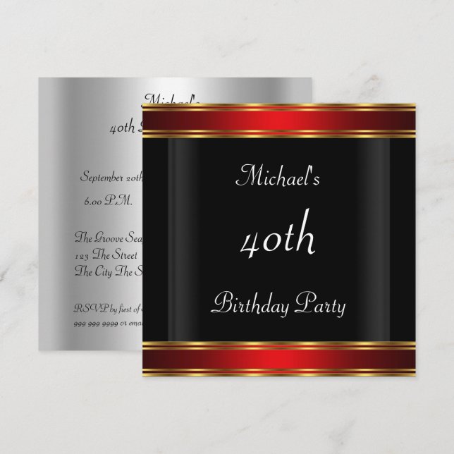Men's 40th birthday Party  Black Red Art Deco Invitation (Front/Back)
