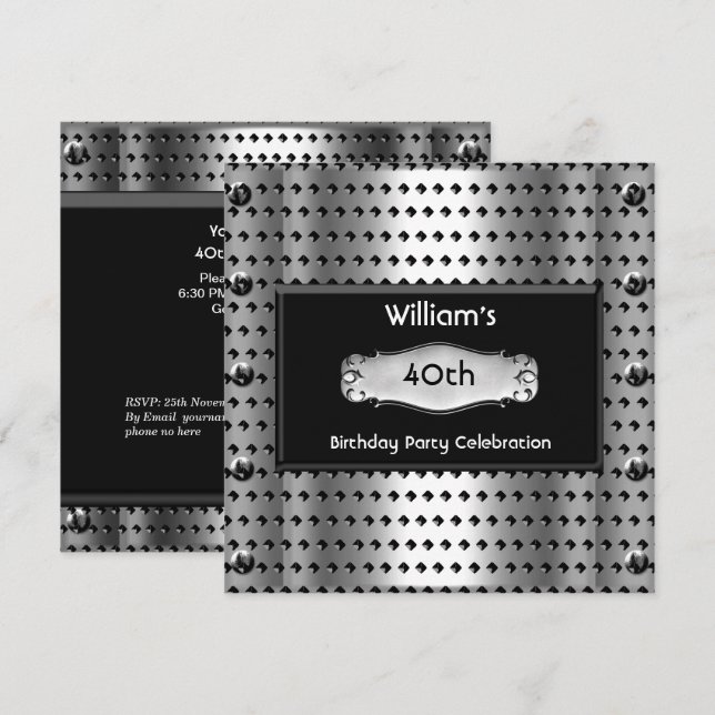 Mens 40th Birthday Party Silver Metal Studs Black Invitation (Front/Back)