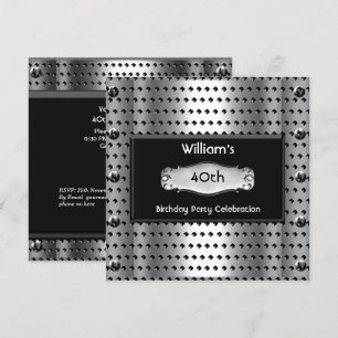 Mens 40th Birthday Party Silver Metal Studs Black Invitation