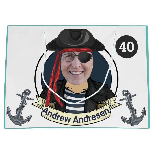Mens 40th Pirate Birthday Funny Add Face Great Fun Large Gift Bag (Front)