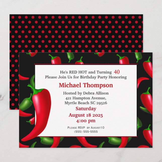 Men's 40th  Red Hot Pepper Birthday Invitations (Front/Back)