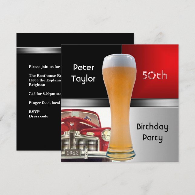 Mens 50th 1962 Birthday Red Retro Red Car Beer Invitation (Front/Back)