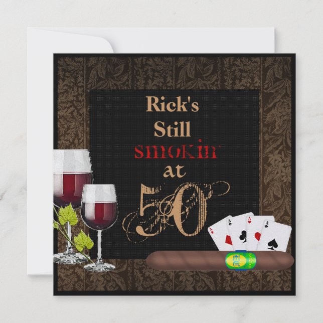 MENS 50th Birthday  Invitation WINE,Cards, Cigars (Front)