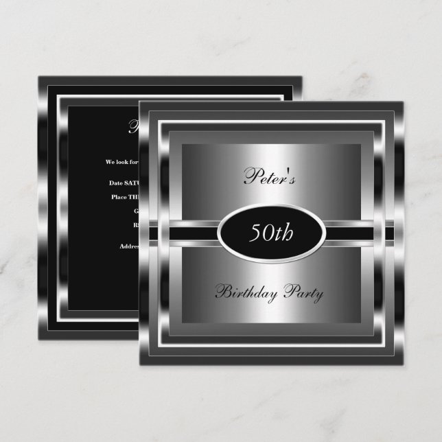 Mens  50th Birthday Party Black  Silver Invitation (Front/Back)