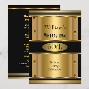 Men's 50th Birthday Party Gold Black Vintage 2 Invitation