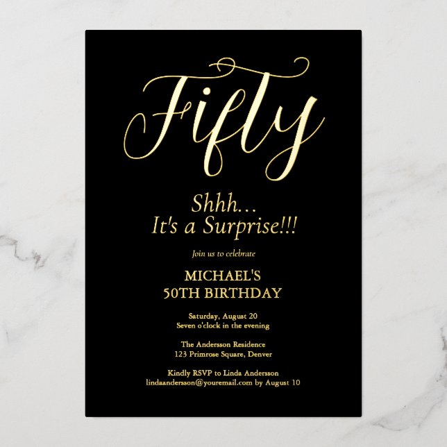 Men's 50th Birthday Surprise Party Foil Invitation (Front)