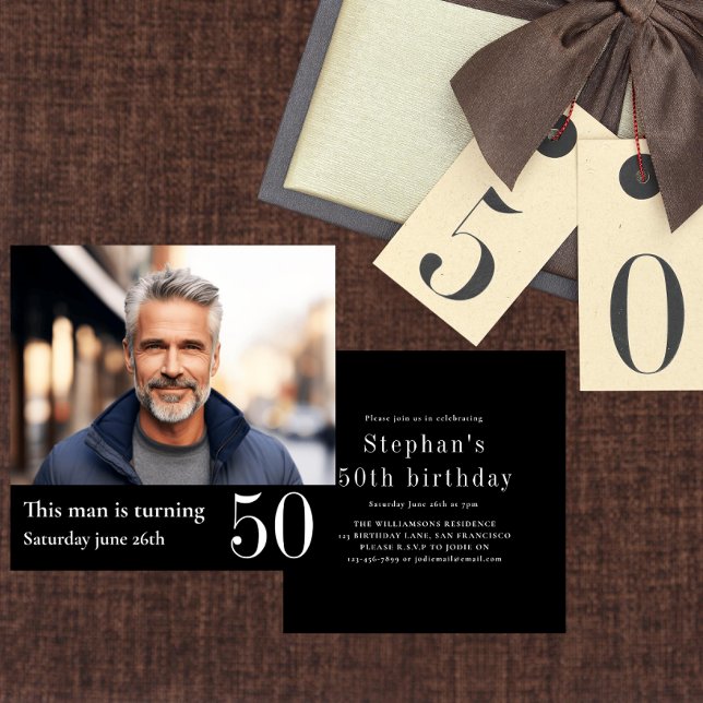 Mens 50th  double sided modern photo birthday invitation (Creator Uploaded)