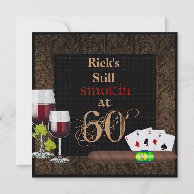 MENS 60th Birthday  Invitation WINE,Cards, Cigars (Front)
