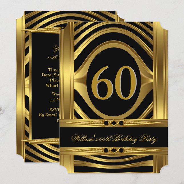 Men's 60th Birthday Metal Gold Look Black Jewel Invitation (Front/Back)