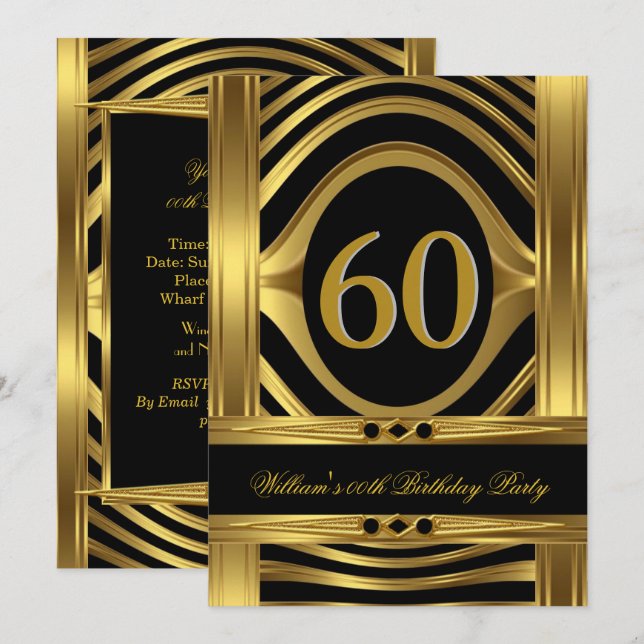 Men's 60th Birthday Metal Gold Look Black Jewel Invitation (Front/Back)