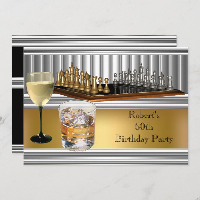 Mens 60th Birthday Party Chess Set Metal Gold Invitation (Front/Back)
