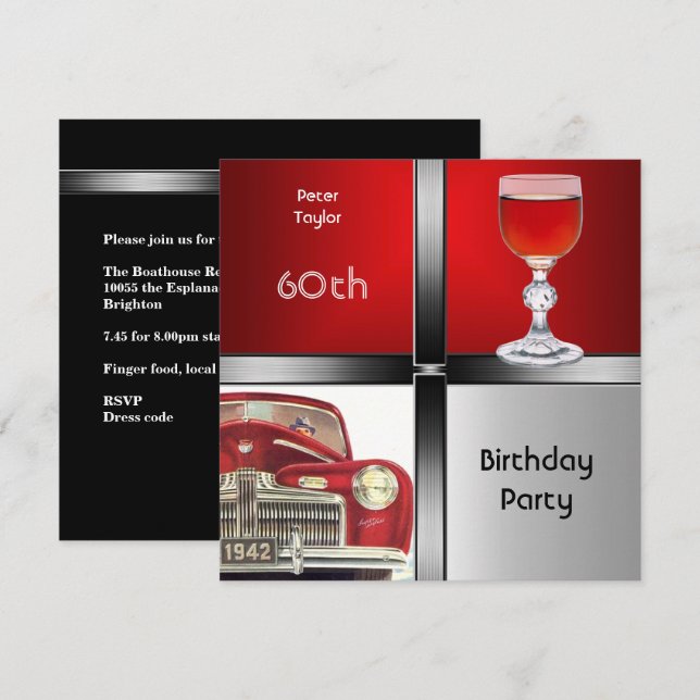 Mens 60th Birthday Party Red Metal Silver Red Car Invitation (Front/Back)