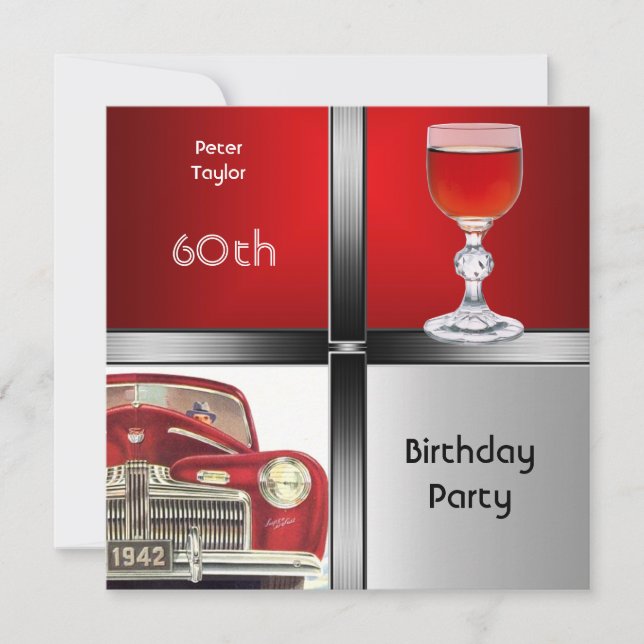 Mens 60th Birthday Party Red Metal Silver Red Car Invitation (Front)