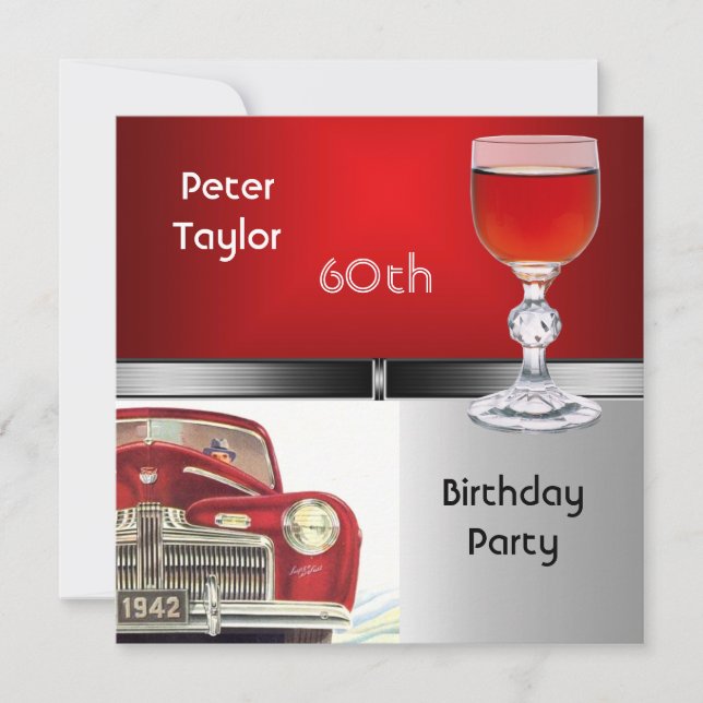Mens 60th Birthday Party Red Metal Silver Red Car Invitation (Front)