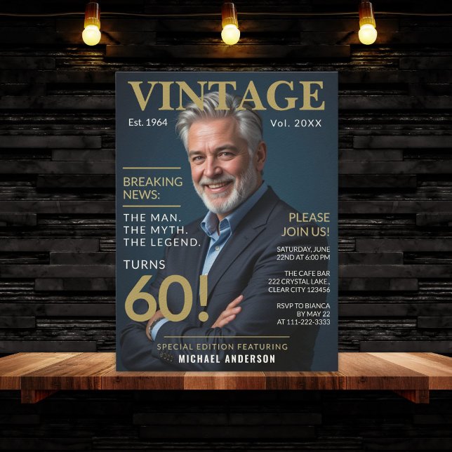Mens 60th Birthday - Vintage Gold and Navy Invitation (Creator Uploaded)