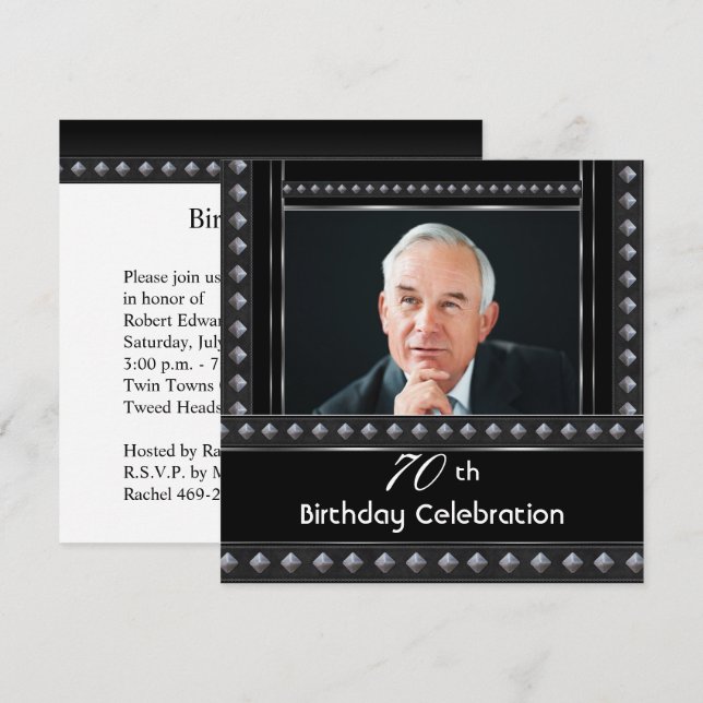 Mens 70th Birthday Party Black White Silver Invitation (Front/Back)