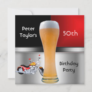 Mens 70th Birthday Party Red Beer Motorbike Invitation