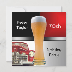 Mens 70th Birthday Party Red Retro Red Car Beer Invitation
