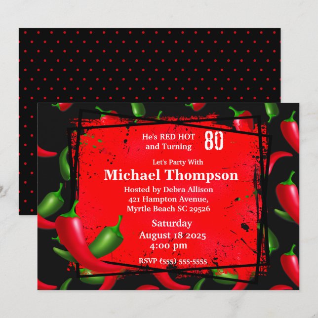 Men's 80th  Red Hot Pepper Birthday Invitations (Front/Back)