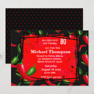 Men's 80th Red Hot Pepper Birthday Invitations