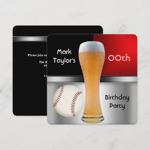 Mens Add Age Birthday Party Red Beer Baseball Ball Invitation