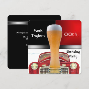 Mens Add Age Birthday Party Red Beer Old Car Invitation